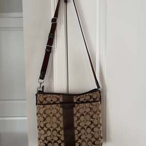Coach Brown Khaki Signature Stripe Canvas Crossbody Messenger Bag
